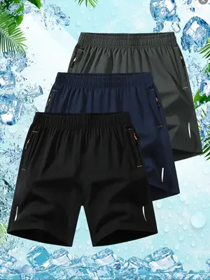 Men's 3 Counts Solid Zipper Pocket Shorts, Regular Fit Casual Sporty Elastic Waist Straight Leg Shorts for Summer, Breathable...