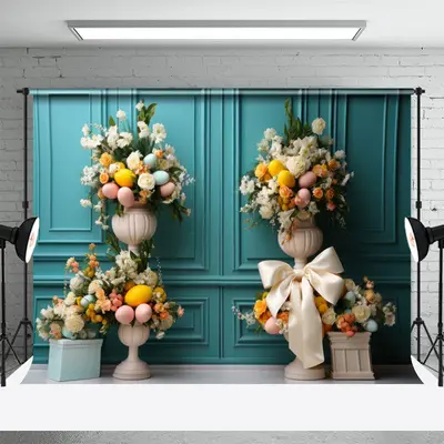 Cyan Wall And White Parterre Eggs Easter Backdrop - Aperturee