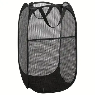 Mesh Pop Up Laundry Hamper, 1 Count Collapsible Laundry Basket with Portable Handles, Folding Clothes Hampers with Side Pocke...