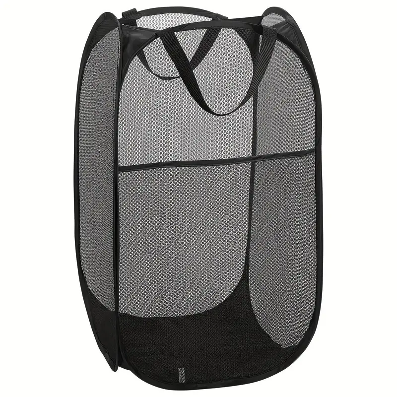 Mesh Pop Up Laundry Hamper, 1 Count Collapsible Laundry Basket with Portable Handles, Folding Clothes Hampers with Side Pocke...