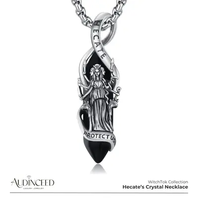 Audinceed Hecate Obsidian Crystal Necklace, S925 Sterling Silver Luxury Hekate Triple Moon Goddess Witch Magic Bruja Spiritua...