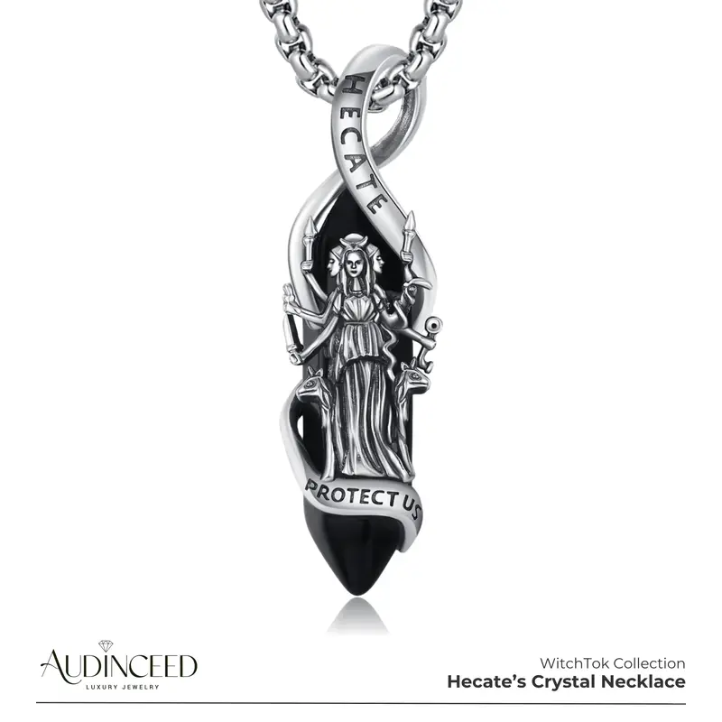 Audinceed Hecate Obsidian Crystal Necklace, S925 Sterling Silver Luxury Hekate Triple Moon Goddess Witch Magic Bruja Spiritua...