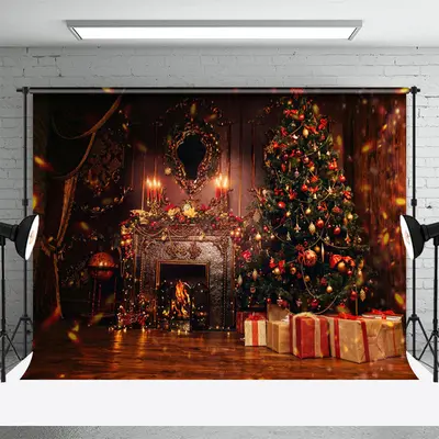 Christmas Tree Fireplace Vintage Photo Backdrop - Aperturee