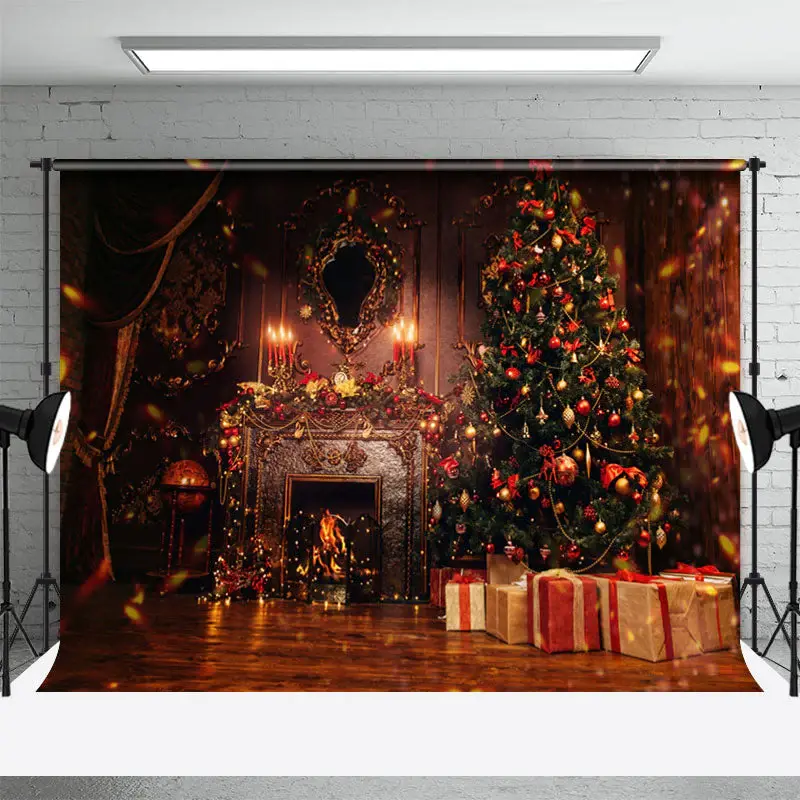 Christmas Tree Fireplace Vintage Photo Backdrop - Aperturee