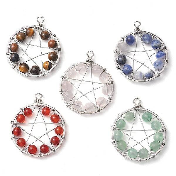 Copper Wire Wrapped Natural Gemstone Beaded Pendants
