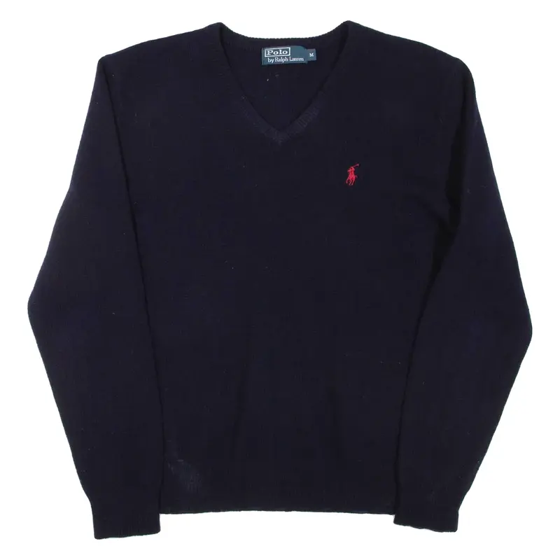 POLO RALPH LAUREN Mens Jumper Blue V-Neck Tight Knit Wool M