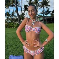 Women Cute 2pcs Bikini Set Ruffled hem Floral  swimsuits Bra +briefs Fashion Beachwear Holiday Swim Party