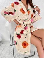 Women's Floral & Fruits Print Textured Pocket Flannel Bathrobe, Casual Aesthetic Long Sleeve Shawl Collar Neckline Pastel Dre...