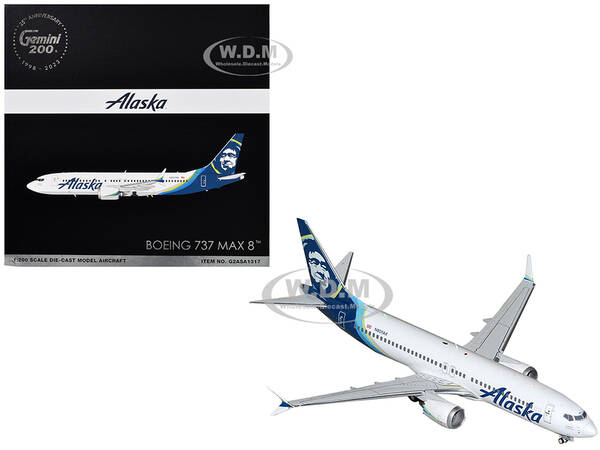 Boeing 737 MAX 8 Commercial Aircraft Alaska Airlines (N801AK) White with Blue Tail Gemini 200 Series 1/200 Diecast Model Airp...