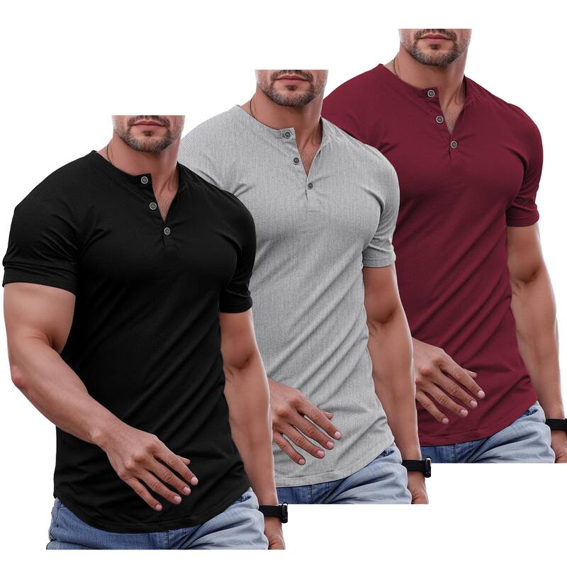 JMIERR Men's Plain Muscle Slim Fitted Henley Shirts Crewneck Longline T-Shirt Gym Workout Athletic Shirt Tees with Butto