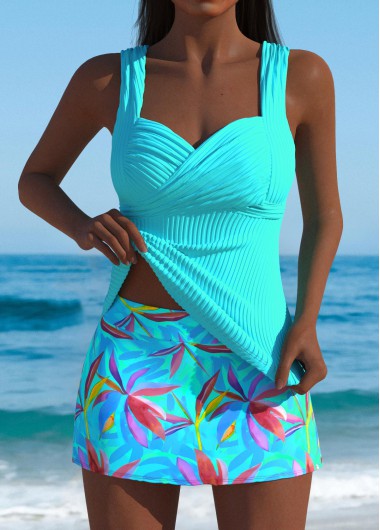 Modlily Mid Waisted Leaf Print Cyan Tankini Set - XXL
