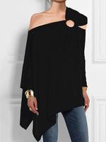 Women's Plain Asymmetrical Shoulder Tee, Casual Long Sleeve T-shirt for Daily Wear, Ladies Clothes for All Seasons