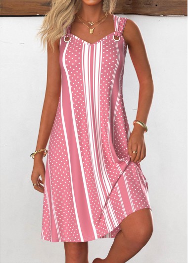 Modlily Pink Breathable Striped A Line Sleeveless V Neck Dress - XXL