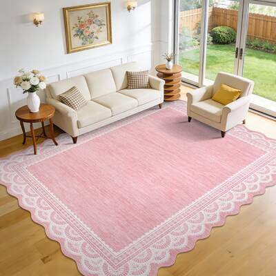 Garvee Scalloped Lace 5x7 Area Rug for Living Room, Pink Rug for Bedroom Dorm, Washable Rugs Soft Low Pile Non Slip Scalloped...