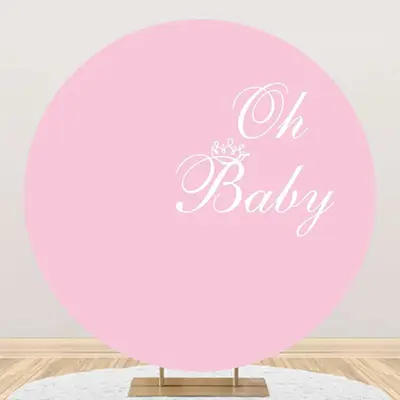 Pink White Oh Baby Round Girl Gender Reveal Backdrop - Aperturee