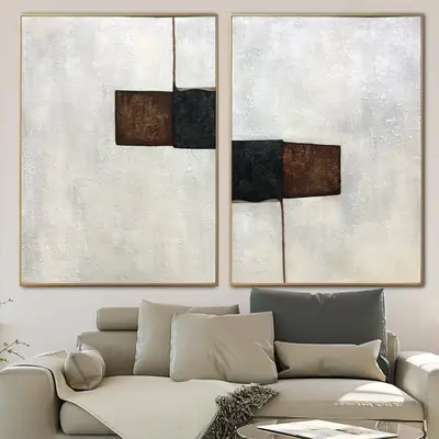 Large Minimalist Beige Diptych Paintings On Canvas Abstract Set Of 2 Paintings In Beige And Brown Colors Original Decor | CON...