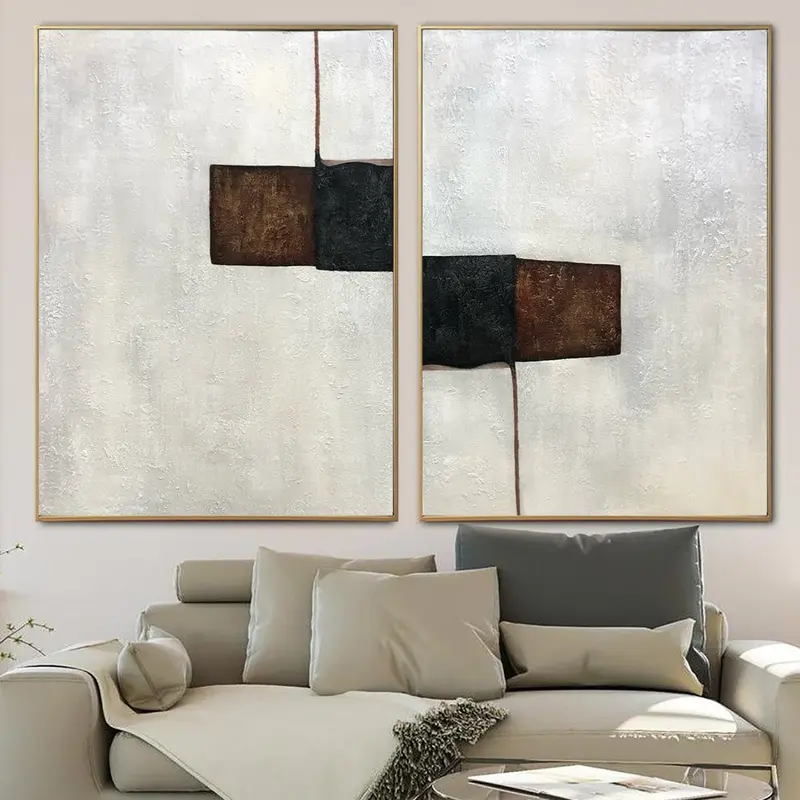 Large Minimalist Beige Diptych Paintings On Canvas Abstract Set Of 2 Paintings In Beige And Brown Colors Original Decor | CON...