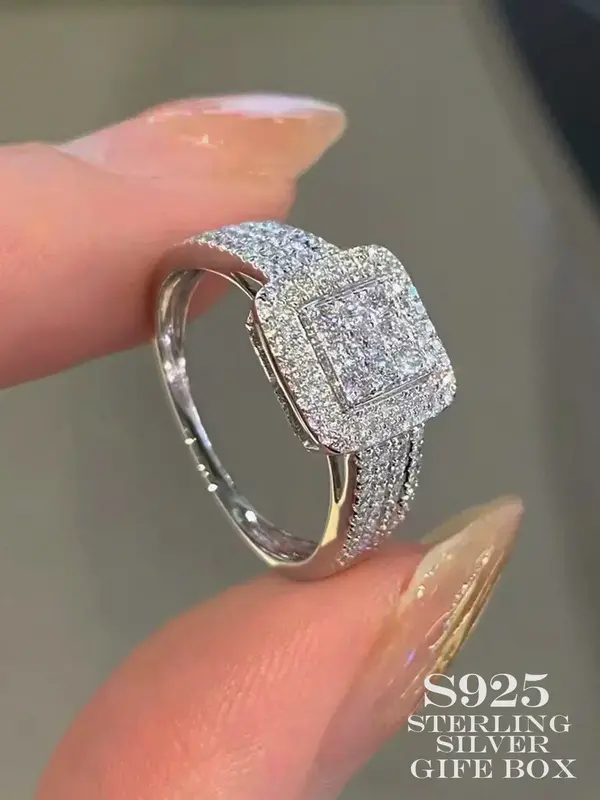 925 Sterling Silver Luxury Rhinestone Decorated Square Ring, Fashion Hand Matching Jewelry Accessories for Women, Elegant All...