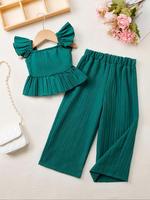Two-piece Set Toddler Girl's Solid Ruffle Trim Top & Wide Leg Pants Set, Casual Elegant Square Neck Top & Trousers for Daily ...