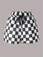 Women's Checkerboard Print Drawstring Waist Shorts, Chic Casual Pocket Shorts for Summer, Women's Bottoms for Daily Wear Ever...