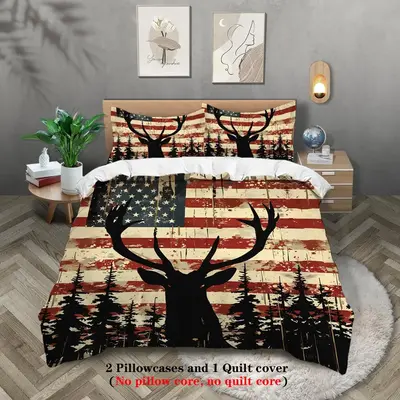Deer & American Flag Pattern Duvet Cover Set, 3 Counts/set Including 1 Duvet Cover & 2 Pillowcases, Soft Comfortable Bedding ...
