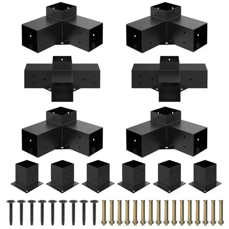 Jurrque Heavy Alloy Steel Pergola Kit for 4x 4 (Actual 3.6 X 3.6) Lumber，12pcs (4pcs 3-Way , 2pcs 4-Way , 6pcs Base...