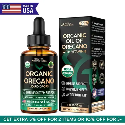 USDA Organic Oil of Oregano for Immune Support, Digestion Health & Antioxidant - Liquid Drops with Vitamin E - Made in USA - ...