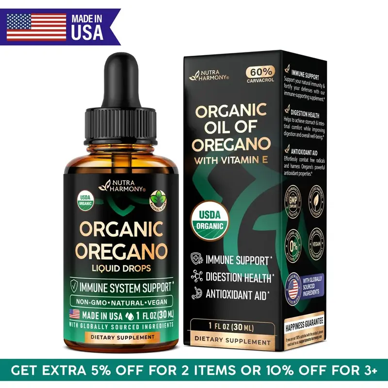 USDA Organic Oil of Oregano for Immune Support, Digestion Health & Antioxidant - Liquid Drops with Vitamin E - Made in USA - ...