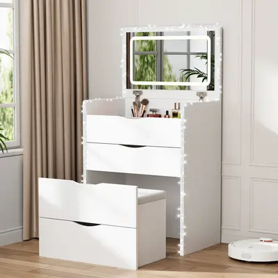 【Widened】Mr IRONSTONE Vanity Desk with Mirror and Lights, 3-in-1 Makeup Vanity Desk & Bedside Table with 5m Diamond Strip...