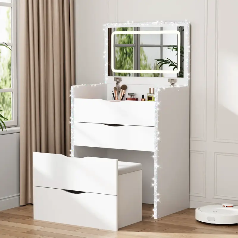 【Widened】Mr IRONSTONE Vanity Desk with Mirror and Lights, 3-in-1 Makeup Vanity Desk & Bedside Table with 5m Diamond Strip...