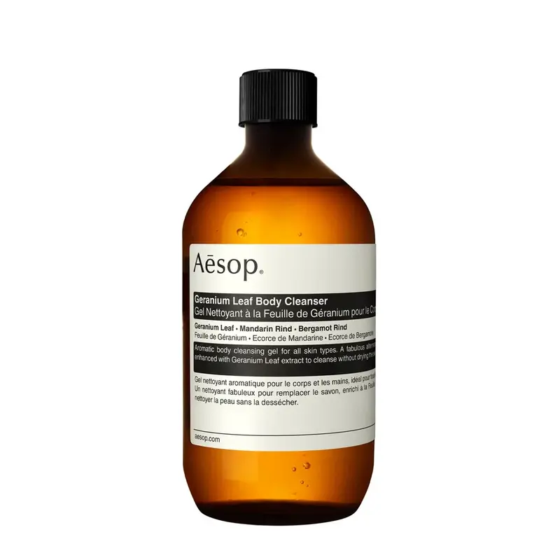 Body cleanser Aesop with geranium leaves and screw cap