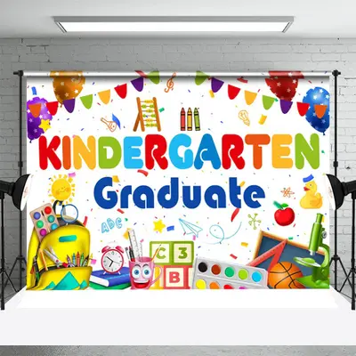 White Assorted Stationery Kindergarden Grad Backdrop - Aperturee