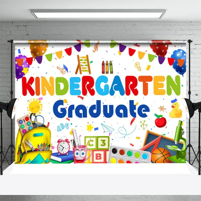 White Assorted Stationery Kindergarden Grad Backdrop - Aperturee