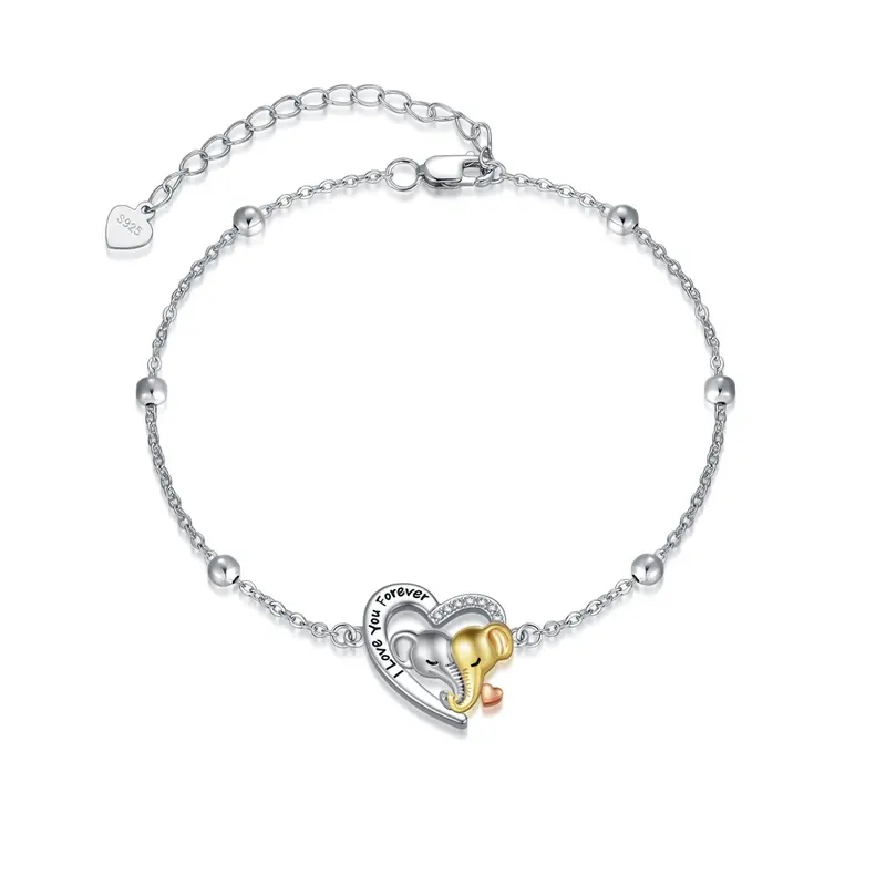 Sterling Silver Tri-tone Circular Shaped Cubic Zirconia Elephant & Heart Charm Bracelet with Engraved Word
