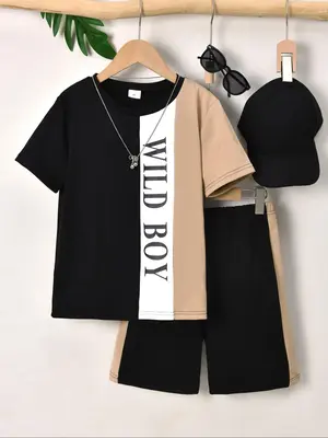 Two-piece Set Boy's Letter Print Short Sleeve Top & Shorts, Children Casual Round Neck Top & Shorts, Summer Clothes for Kids,...