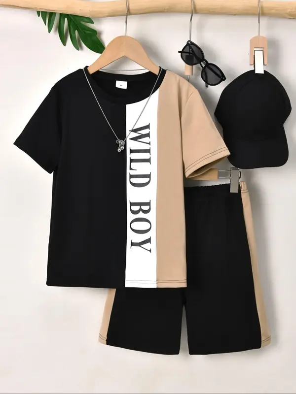 Two-piece Set Boy's Letter Print Short Sleeve Top & Shorts, Children Casual Round Neck Top & Shorts, Summer Clothes for Kids,...