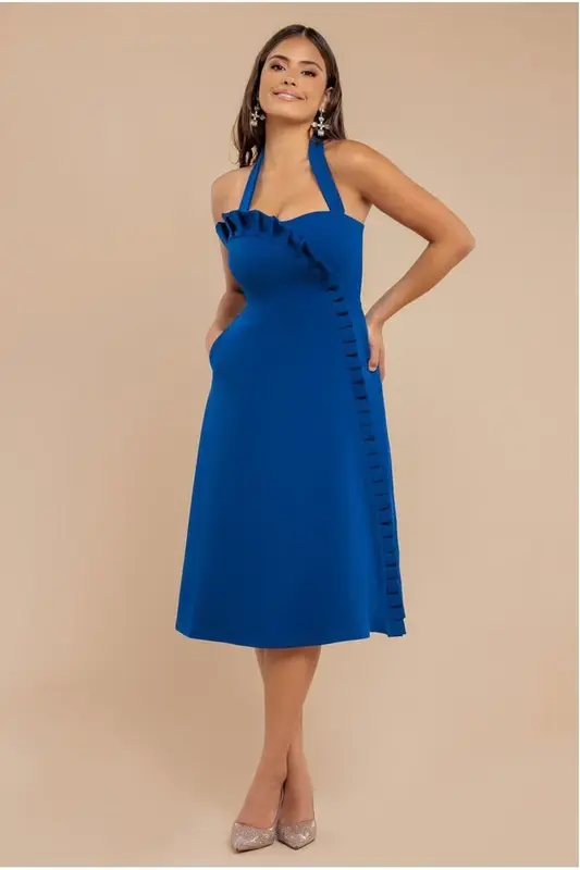 Goddiva Frilled Halter Neck Strap Midi Dress - Royal Blue