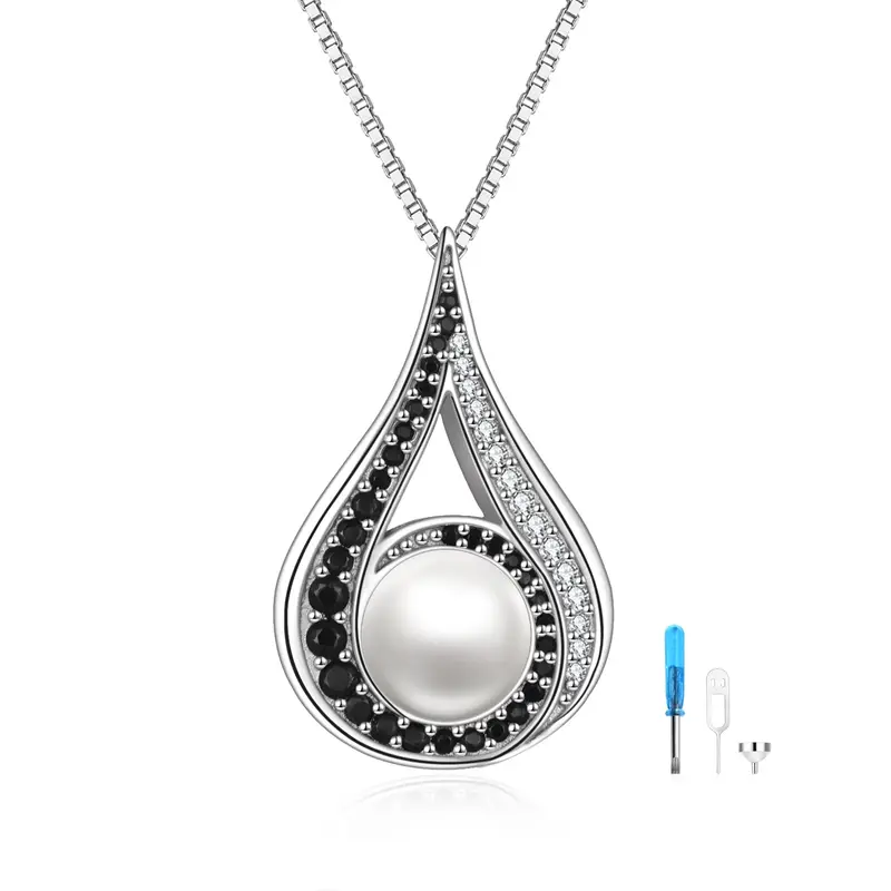Sterling Silver Circular Shaped Pearl Drop Shape Urn Necklace for Ashes