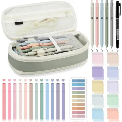 Stationery Set 39Pcs School Supplies with Pencil Case Black Gel Pens Highlighters Marker Clear Sticky Notes Index Tab for Stu...