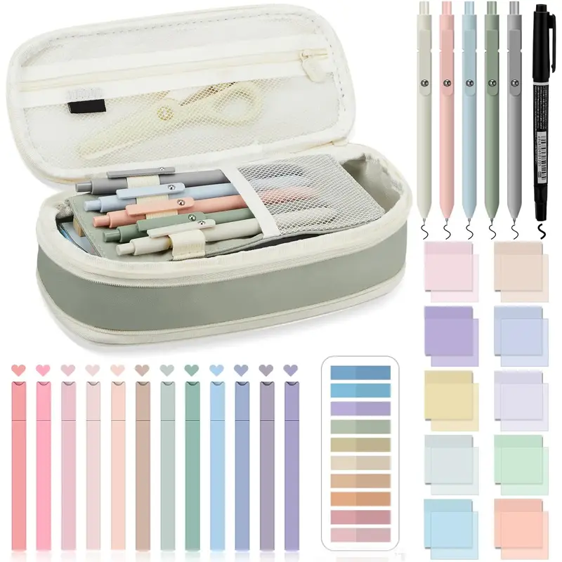 Stationery Set 39Pcs School Supplies with Pencil Case Black Gel Pens Highlighters Marker Clear Sticky Notes Index Tab for Stu...