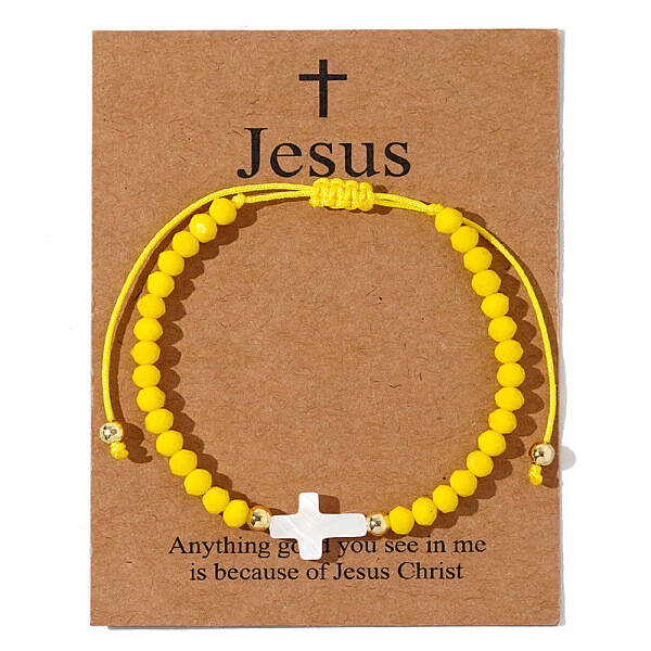 Adjustable Sea Shell Cross & Faceted Rondelle Glass Braided Bead Bracelets for Women