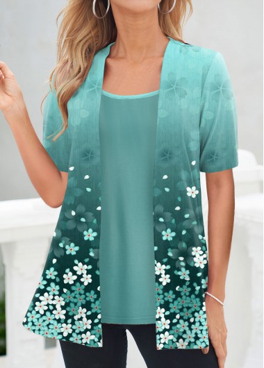 Modlily Cyan Floral Print Short Sleeve Fake Two Piece Twinset - L