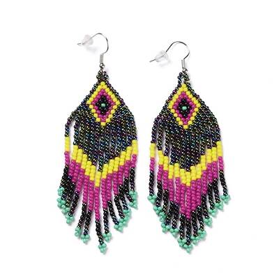 Glass Seed Braided Rhombus with Tassel Chandelier Earrings