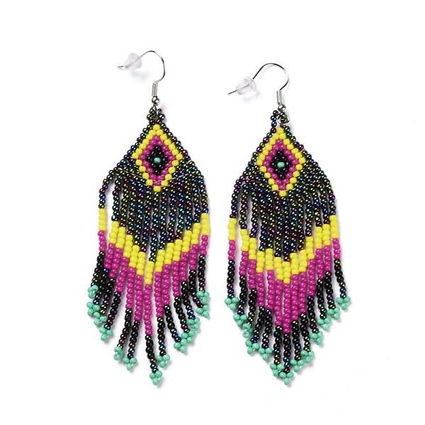 Glass Seed Braided Rhombus with Tassel Chandelier Earrings