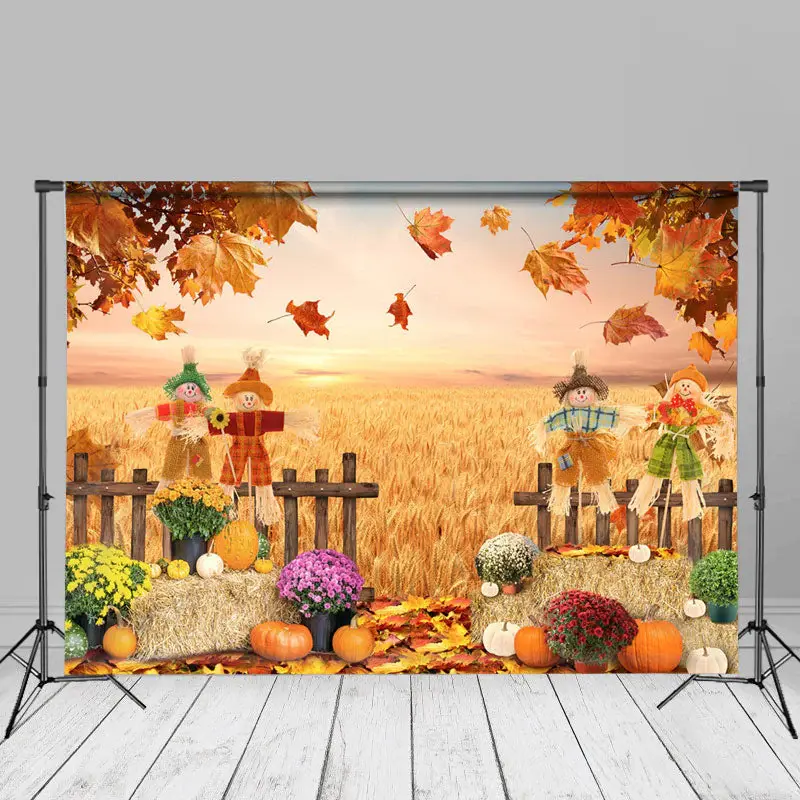 Scarecrow Harvest Pumpkin Maple Leaf Autumn Backdrop - Aperturee