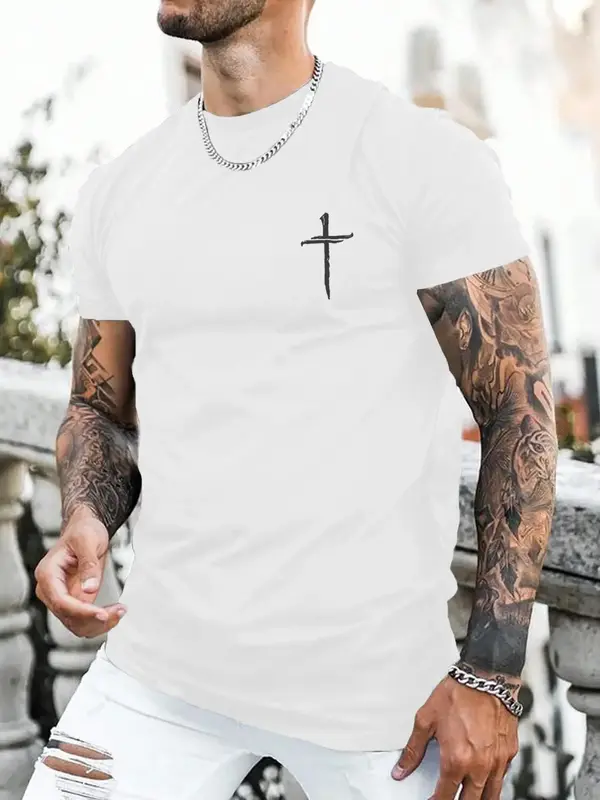 Men's Regular Fit Nail & Cross Print Short Sleeve Tee without Necklace, Casual Graphic Round Neck T-shirt for Summer, Fashion...