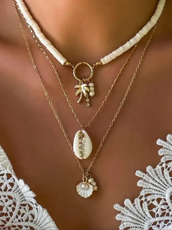 Boho Style Shell & Coconut Tree & Beads Design Pendant Necklace, Fashion Trendy Charm Necklaces for Beach Party, Vacation Clo...