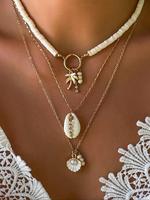 Boho Style Shell & Coconut Tree & Beads Design Pendant Necklace, Fashion Trendy Charm Necklaces for Beach Party, Vacation Clo...