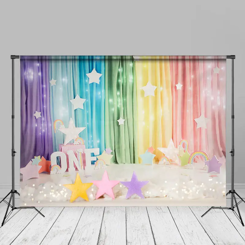 Rainbow Curtain Stars 1St Birthday Cake Smash Backdrop - Aperturee