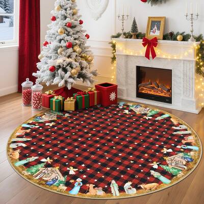 Garvee Christmas Red 4 Ft Round Non-Slip Machine Washable Rug for High Traffic Areas, Living Room, Bedroom, Entryway & Pet Fr...